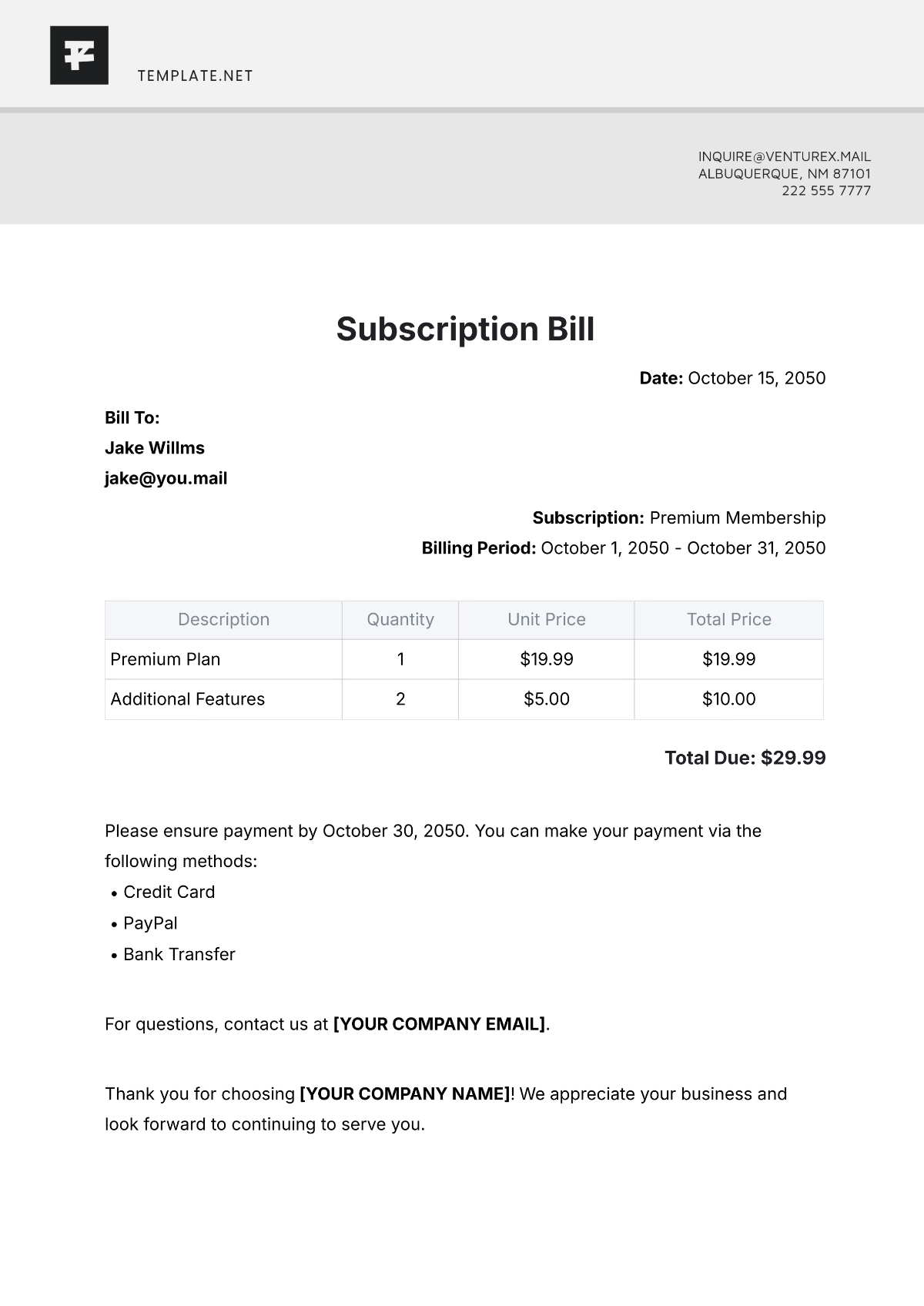 Subscription Bill Template - Edit Online & Download