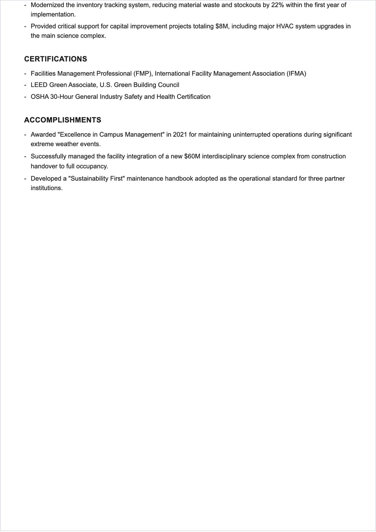 Free University Maintenance Manager ATS Resume Template