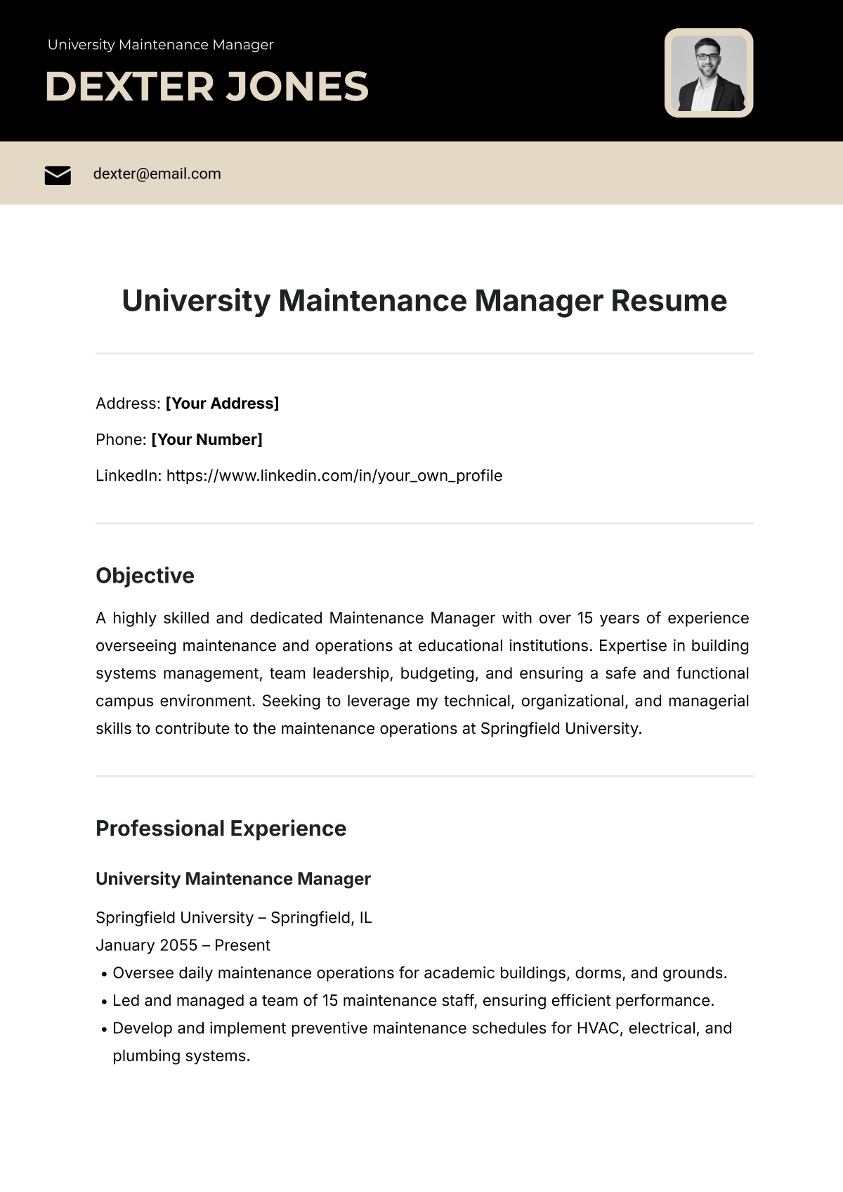 University Maintenance Manager Resume Template - Edit Online & Download