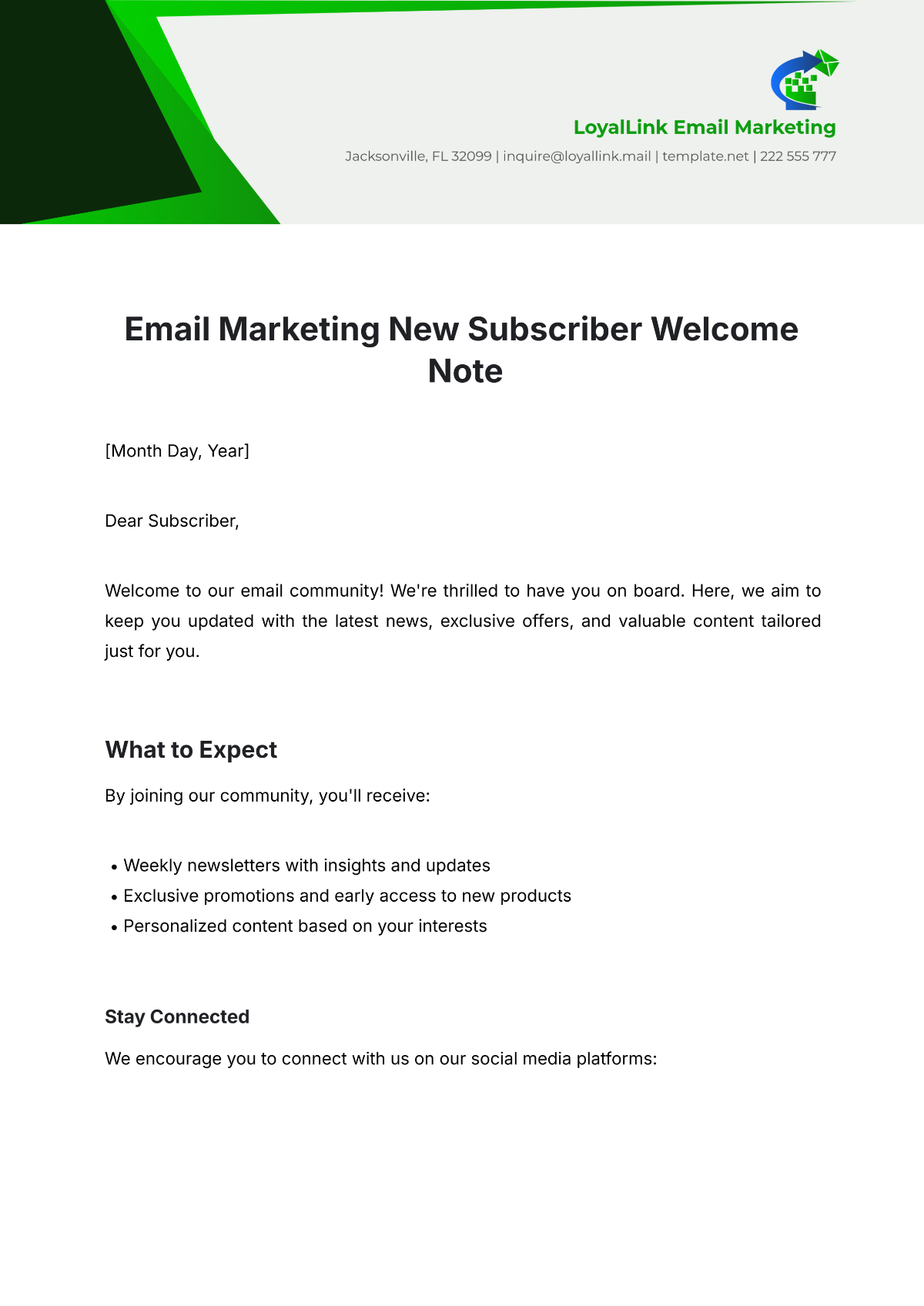 Email Marketing New Subscriber Welcome Note Template