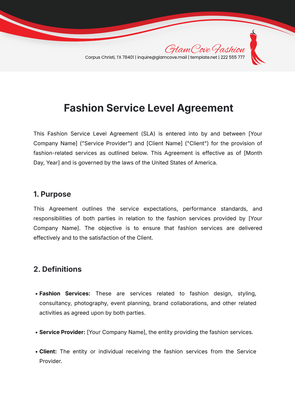 Fashion Service Level Agreement Template - Edit Online & Download