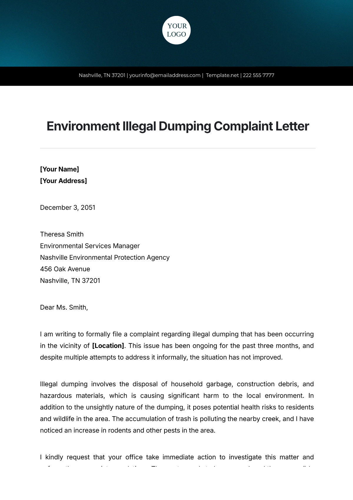 Environment Illegal Dumping Complaint Letter Template - Edit Online & Download