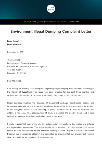 Free Environment Illegal Dumping Complaint Letter Template to Edit Online