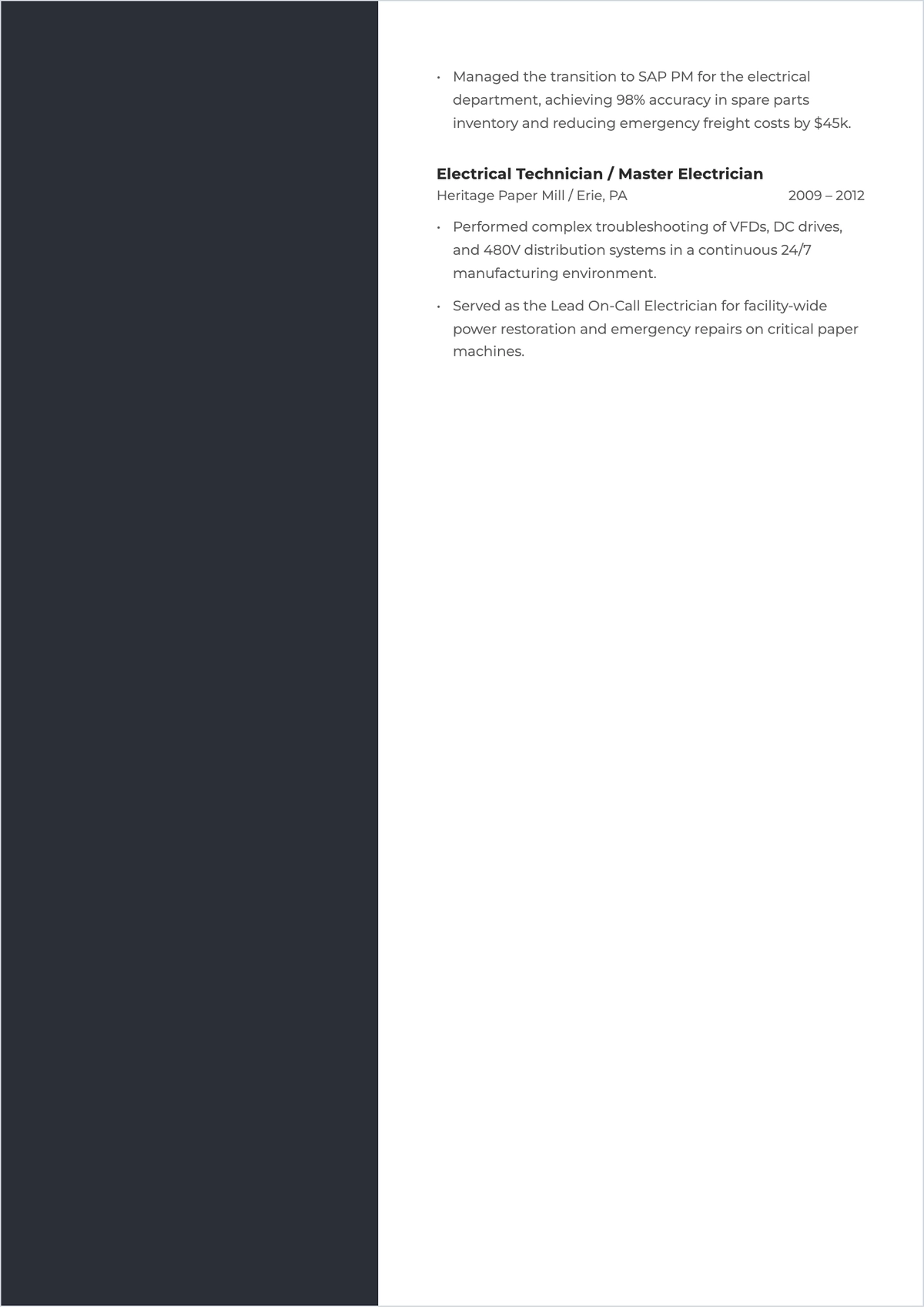 Free Electrical Maintenance Manager ATS Resume Template