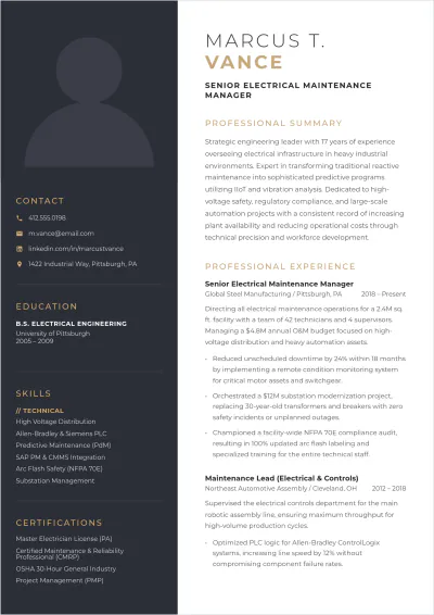 Free Electrical Maintenance Manager ATS Resume Template