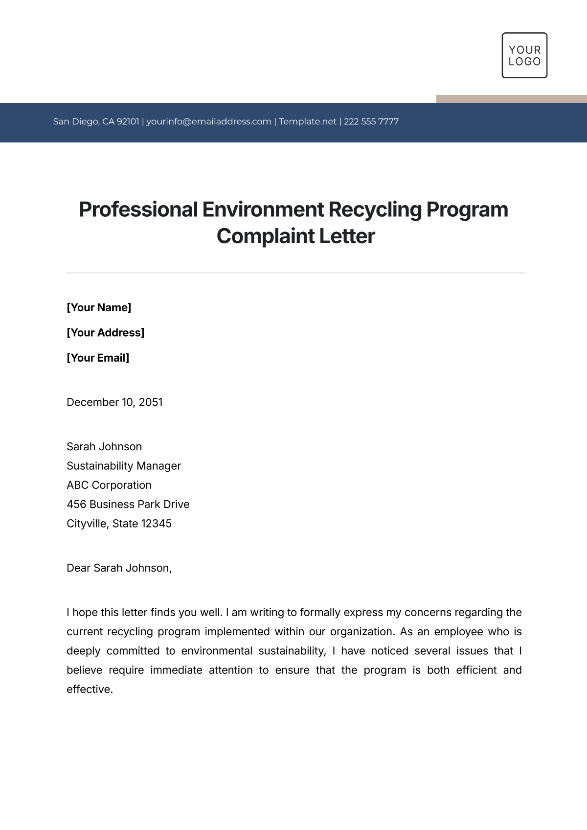 Professional Environment Recycling Program Complaint Letter Template - Edit Online & Download