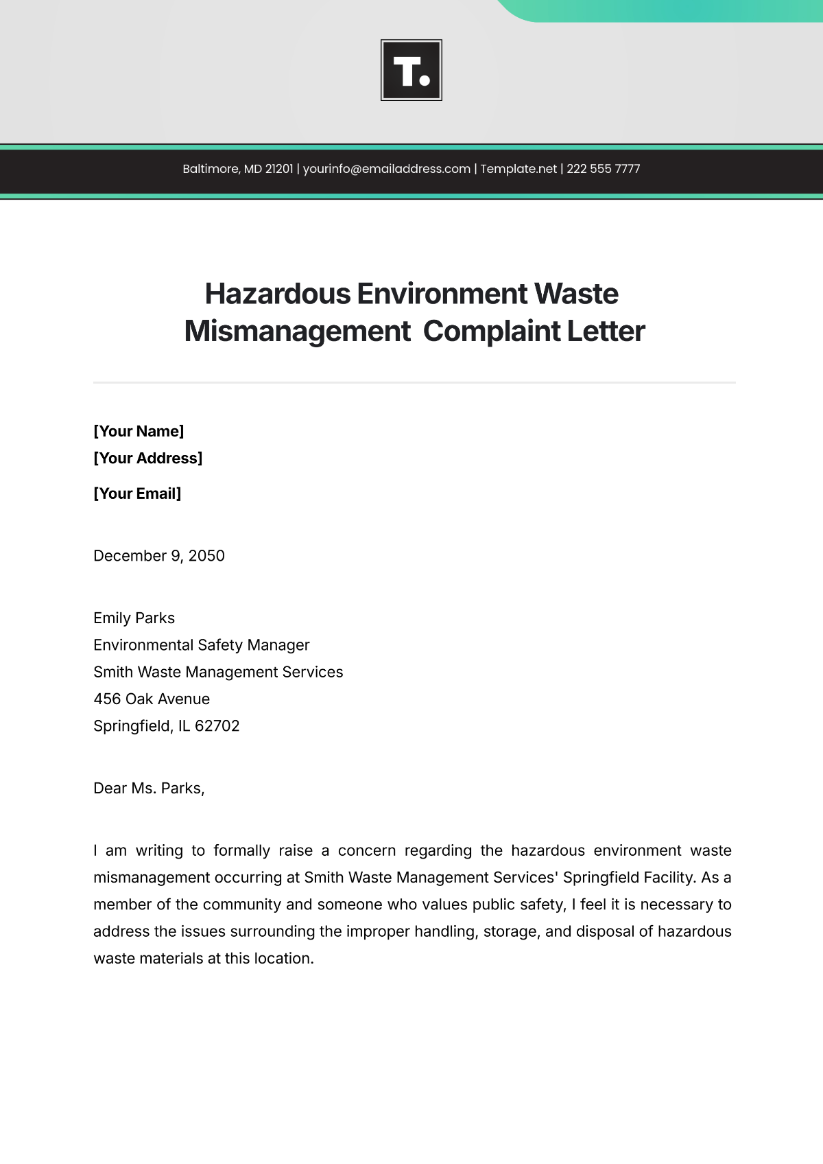 Hazardous Environment Waste Mismanagement  Complaint Letter Template - Edit Online & Download