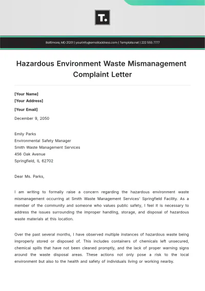Free Hazardous Environment Waste Mismanagement  Complaint Letter Template to Edit Online