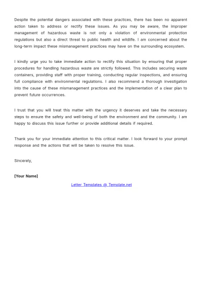 Free Hazardous Environment Waste Mismanagement  Complaint Letter Template to Edit Online