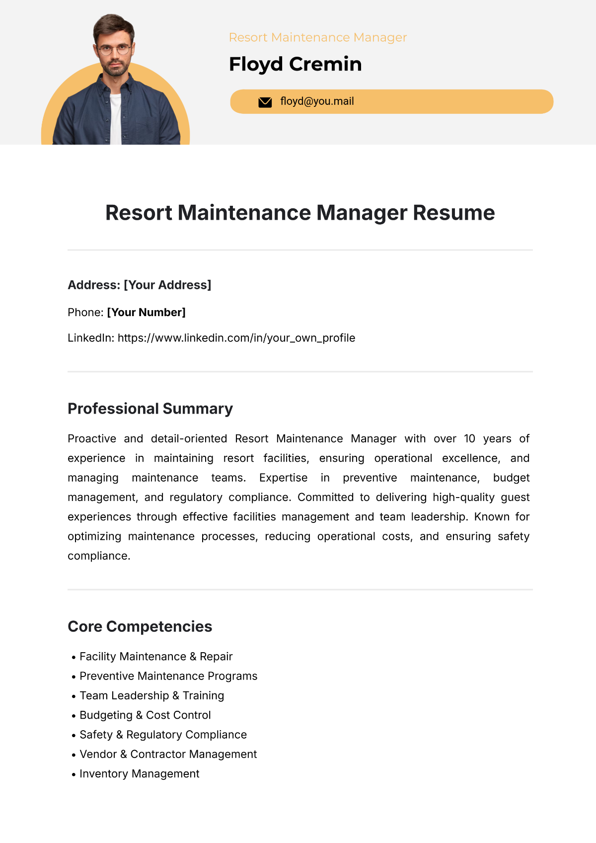 Resort Maintenance Manager Resume Template - Edit Online & Download