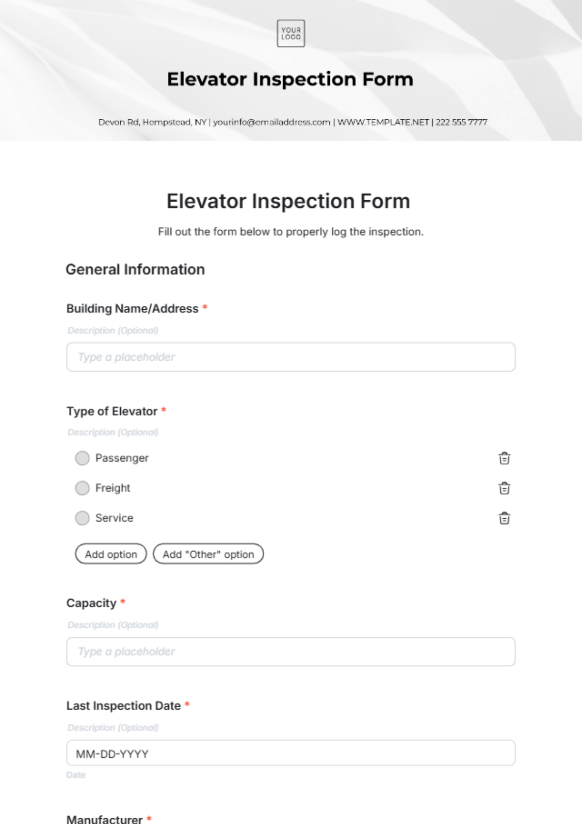 Elevator Inspection Form Template - Edit Online & Download