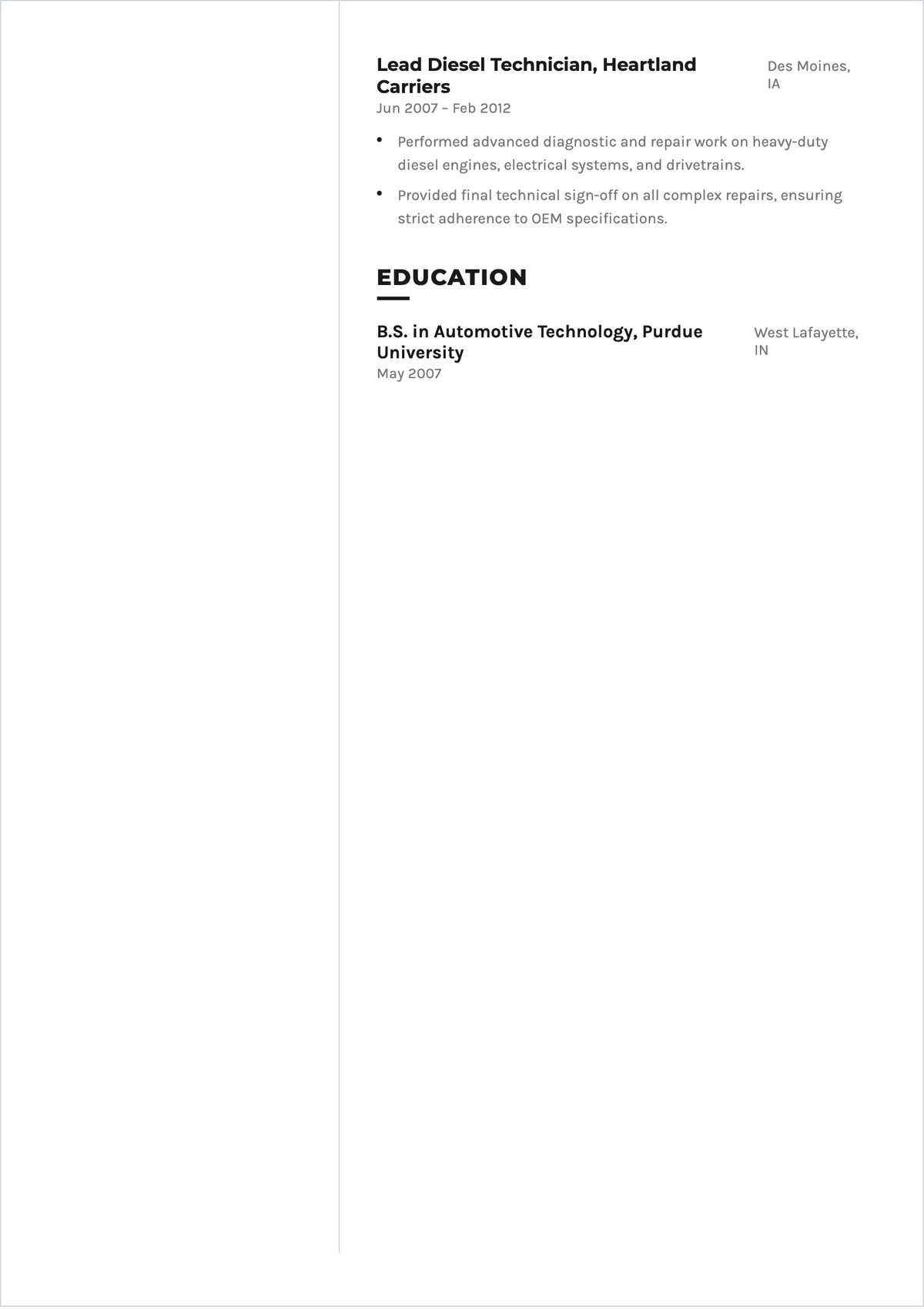 Free Transportation Maintenance Manager ATS Resume Template