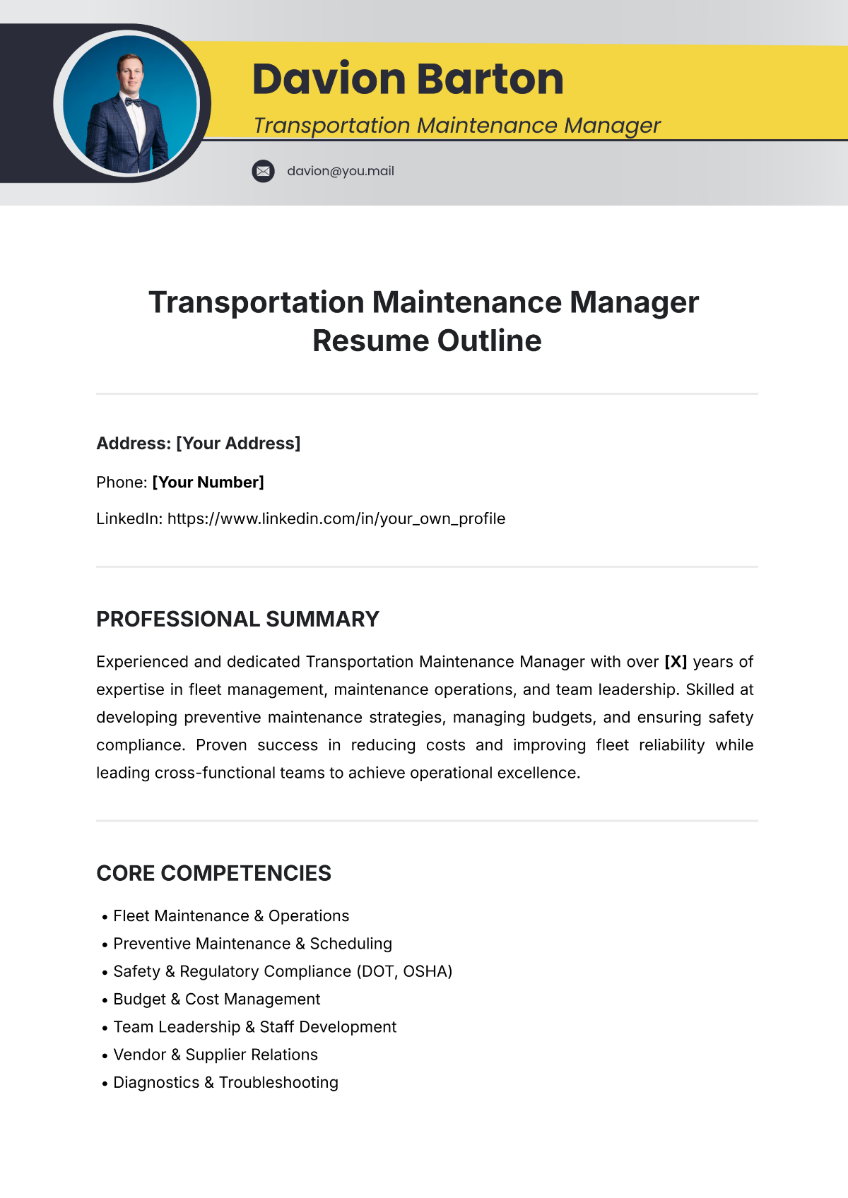 Transportation Maintenance Manager Resume Outline Template - Edit Online & Download