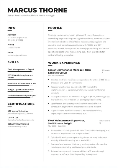 Free Transportation Maintenance Manager ATS Resume Template