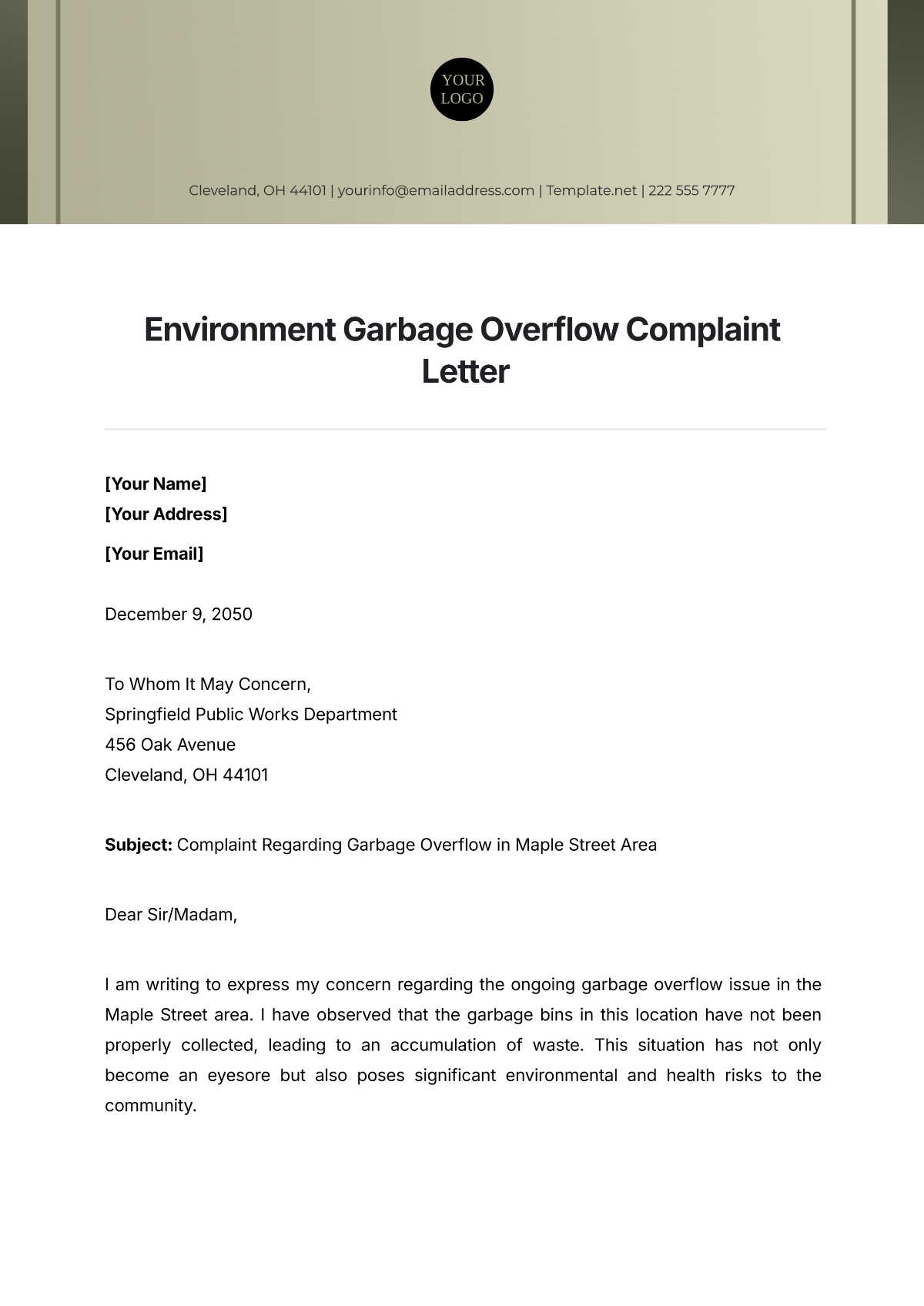 Environment Garbage Overflow Complaint Letter Template - Edit Online & Download