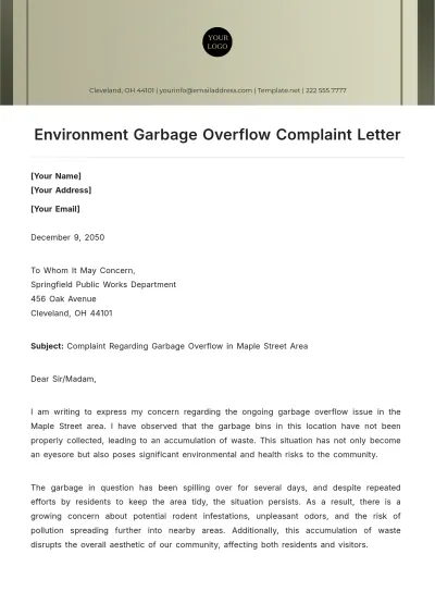 Free Environment Garbage Overflow Complaint Letter Template to Edit Online