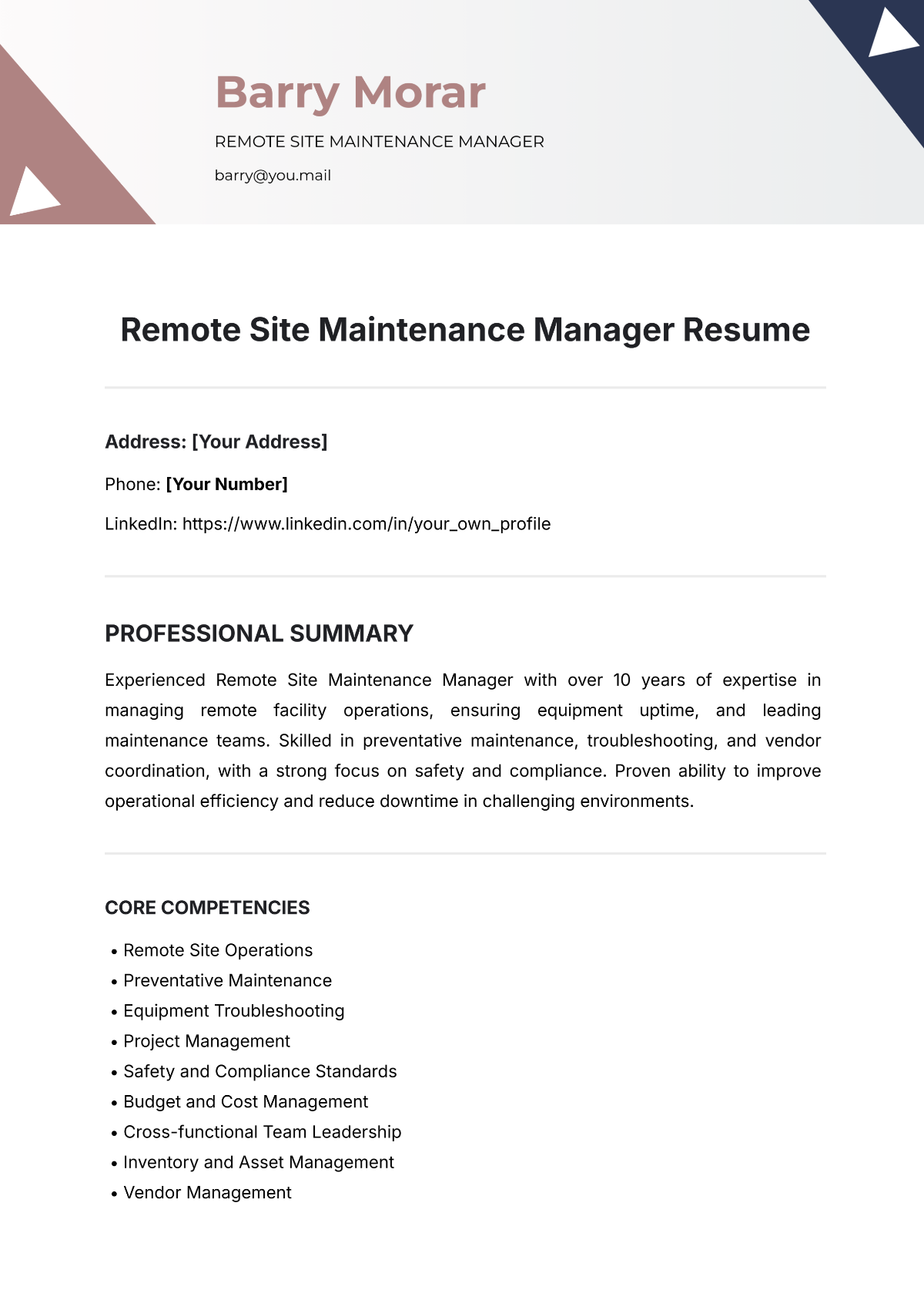 Remote Site Maintenance Manager Resume Template - Edit Online & Download