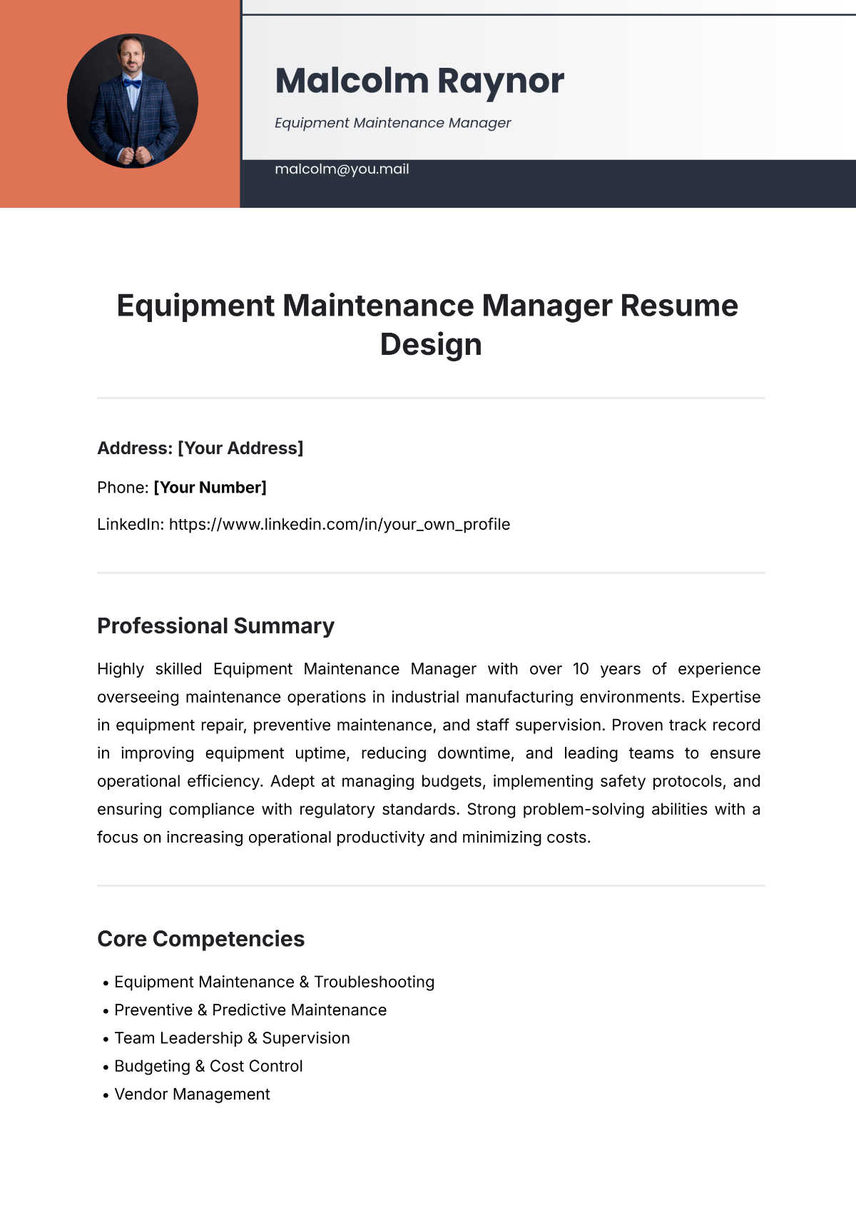 Equipment Maintenance Manager Resume Design Template - Edit Online & Download