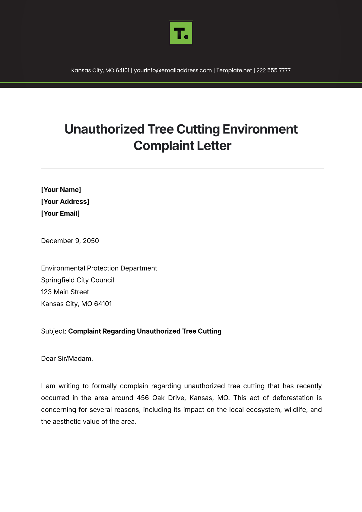 Unauthorized Tree Cutting Environment Complaint Letter Template - Edit Online & Download