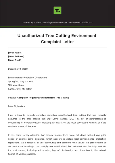 Free Unauthorized Tree Cutting Environment Complaint Letter Template to Edit Online