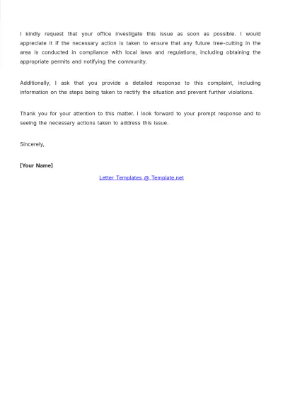 Free Unauthorized Tree Cutting Environment Complaint Letter Template to Edit Online