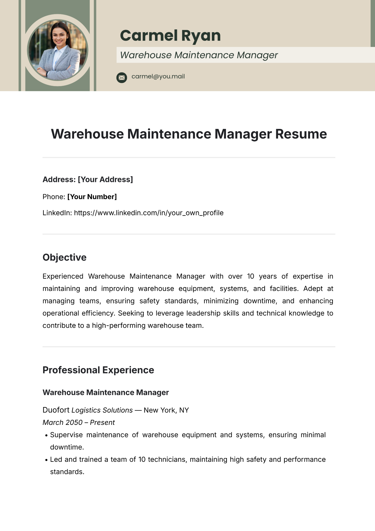 Warehouse Maintenance Manager Resume Template - Edit Online & Download