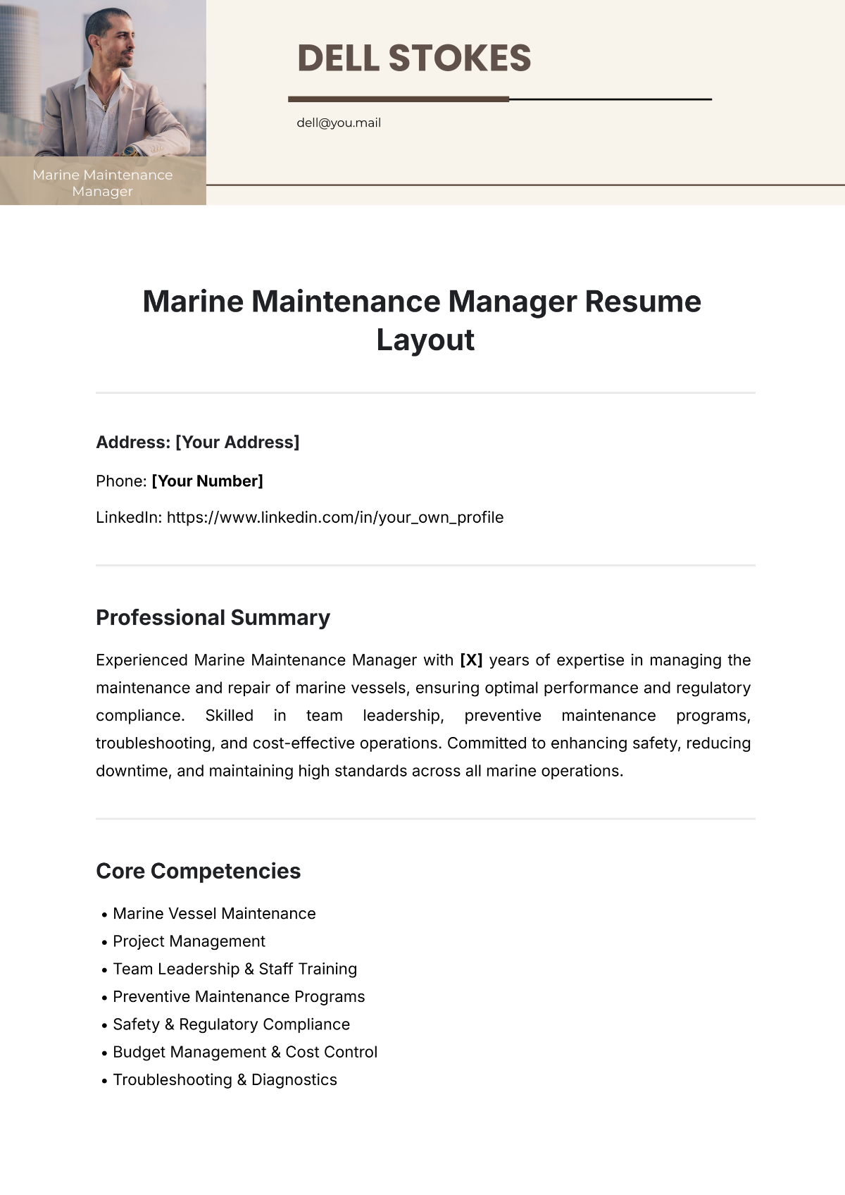 Marine Maintenance Manager Resume Layout Template - Edit Online & Download