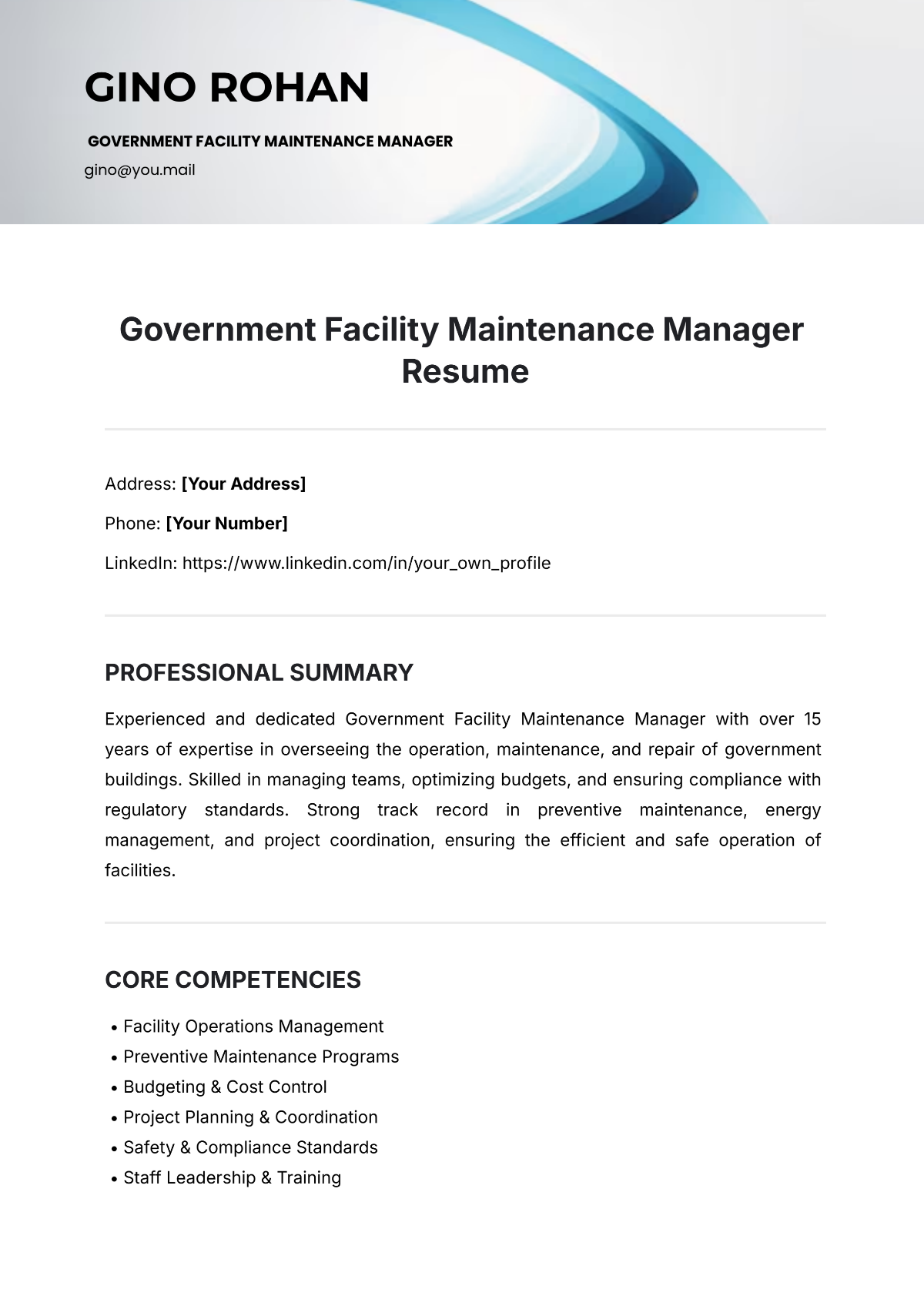 Government Facility Maintenance Manager Resume Template - Edit Online & Download