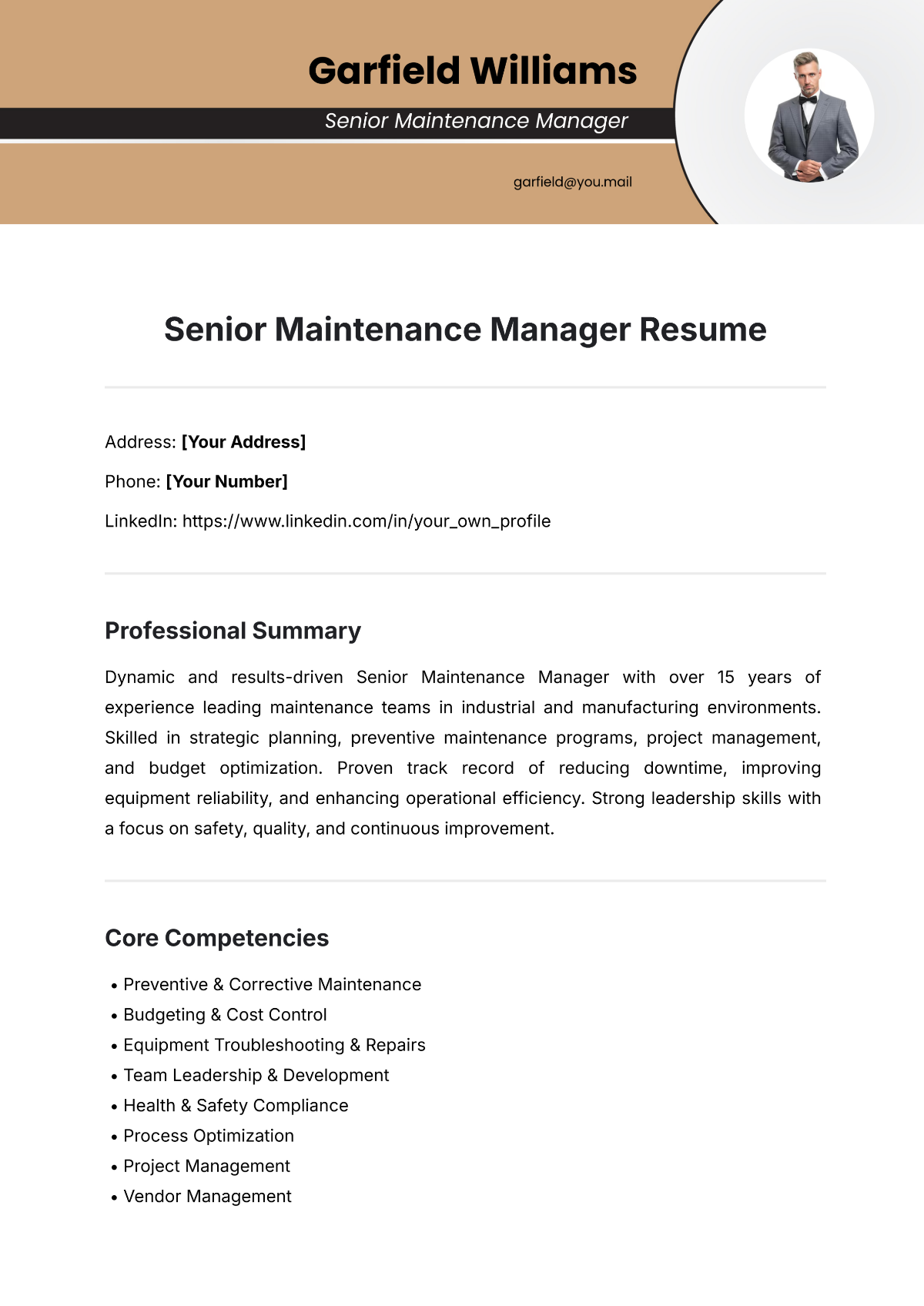 Senior Maintenance Manager Resume Template - Edit Online & Download