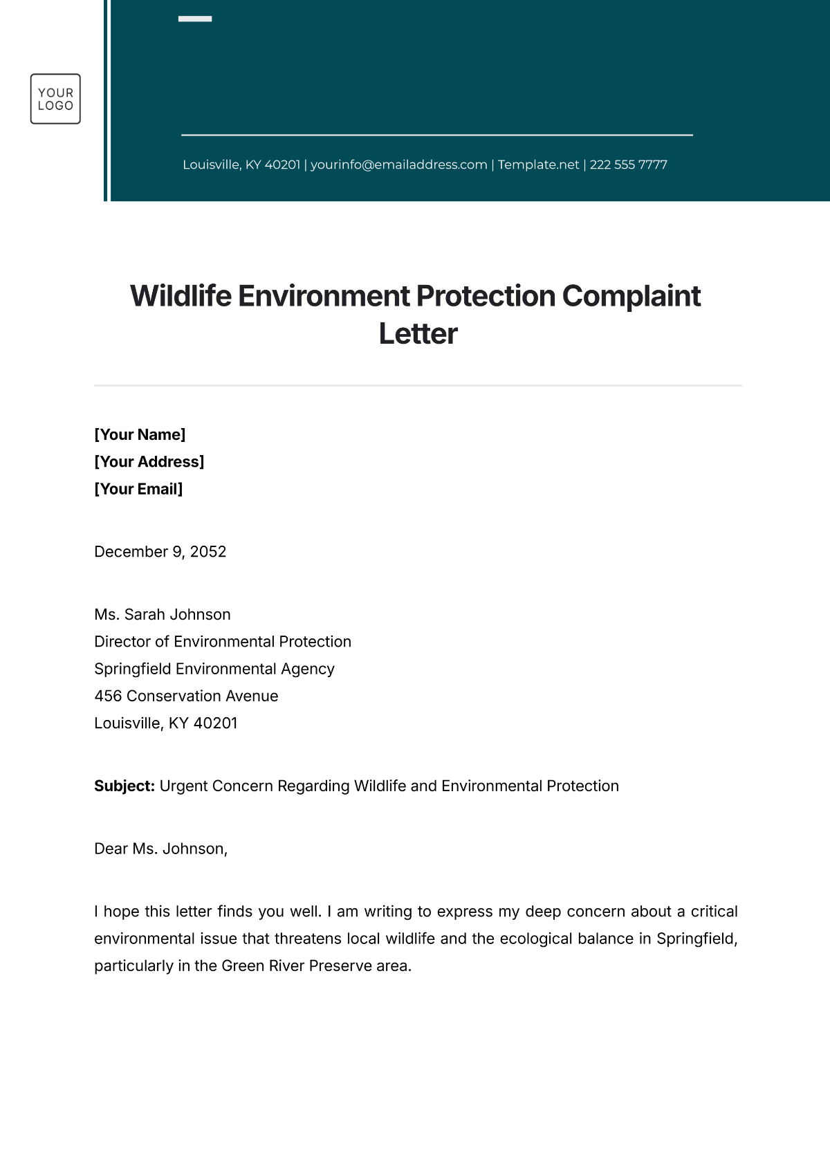 Wildlife Environment Protection Complaint Letter Template - Edit Online & Download