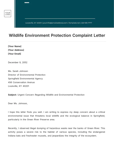 Free Wildlife Environment Protection Complaint Letter Template to Edit Online