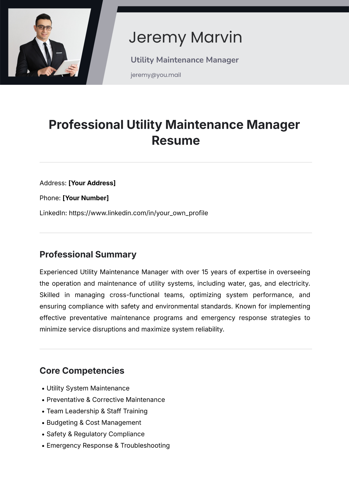 Professional Utility Maintenance Manager Resume Template - Edit Online & Download