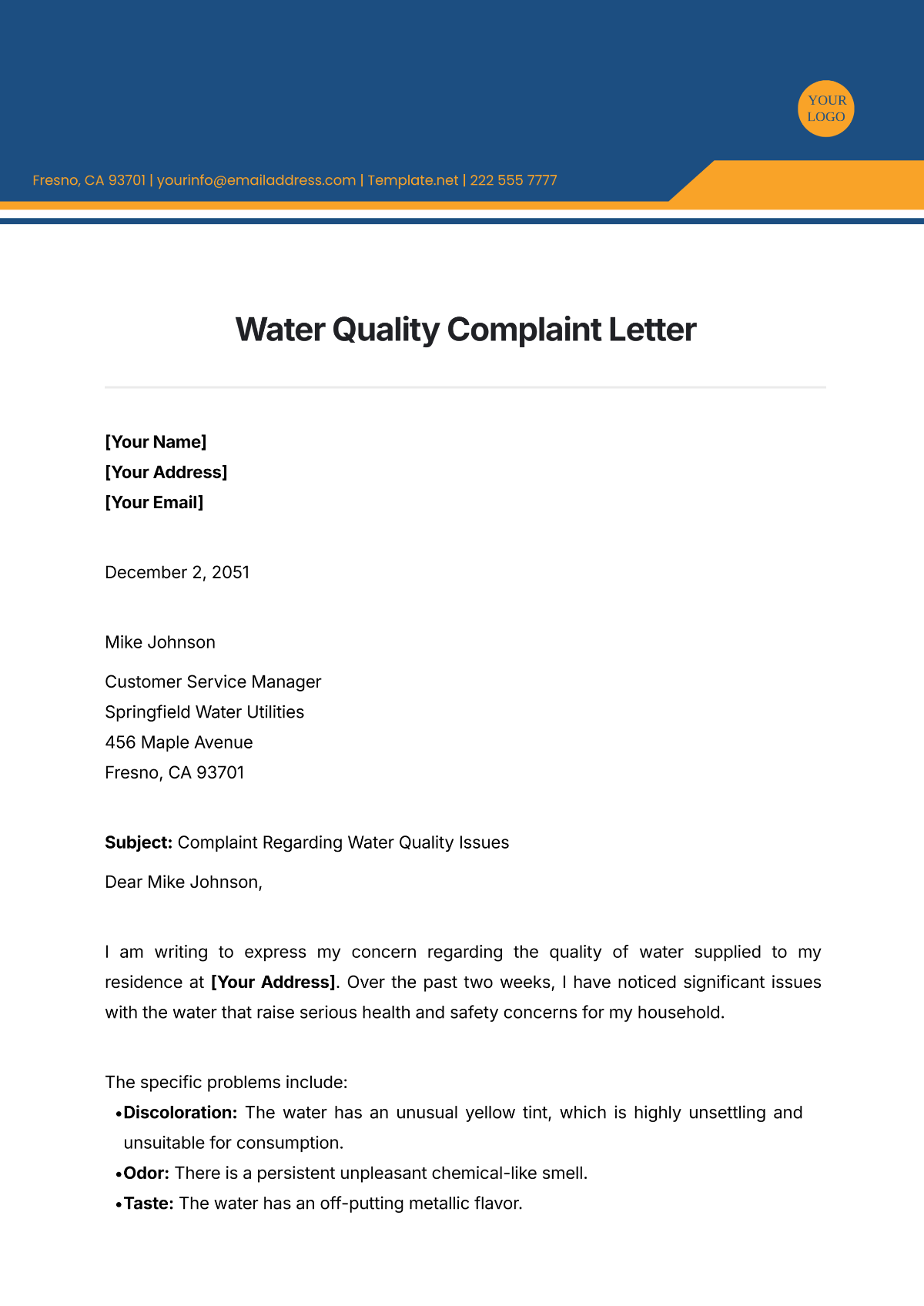 Water Quality Complaint Letter Template - Edit Online & Download