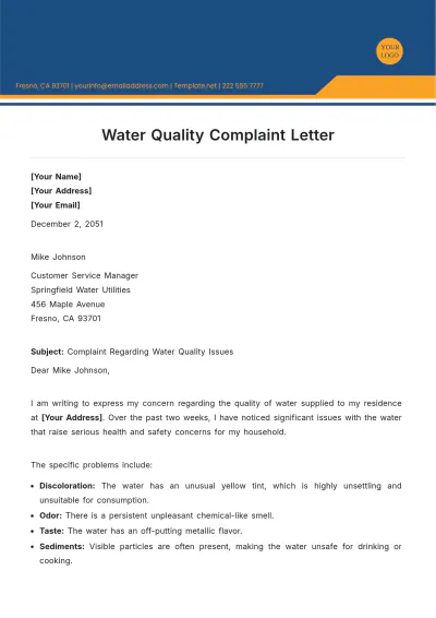 Free Water Quality Complaint Letter Template to Edit Online