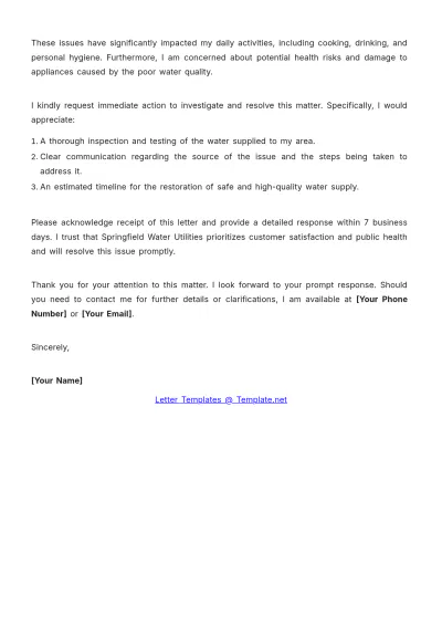 Free Water Quality Complaint Letter Template to Edit Online