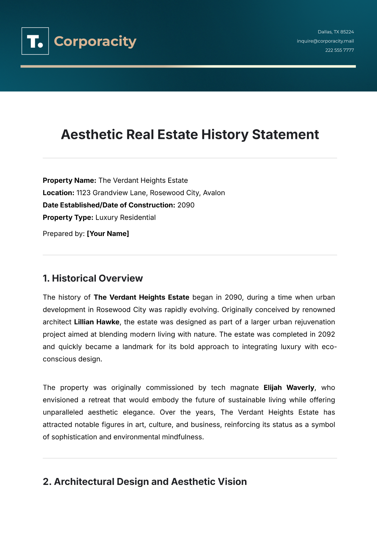 Aesthetic Real Estate  History Statement Template - Edit Online & Download