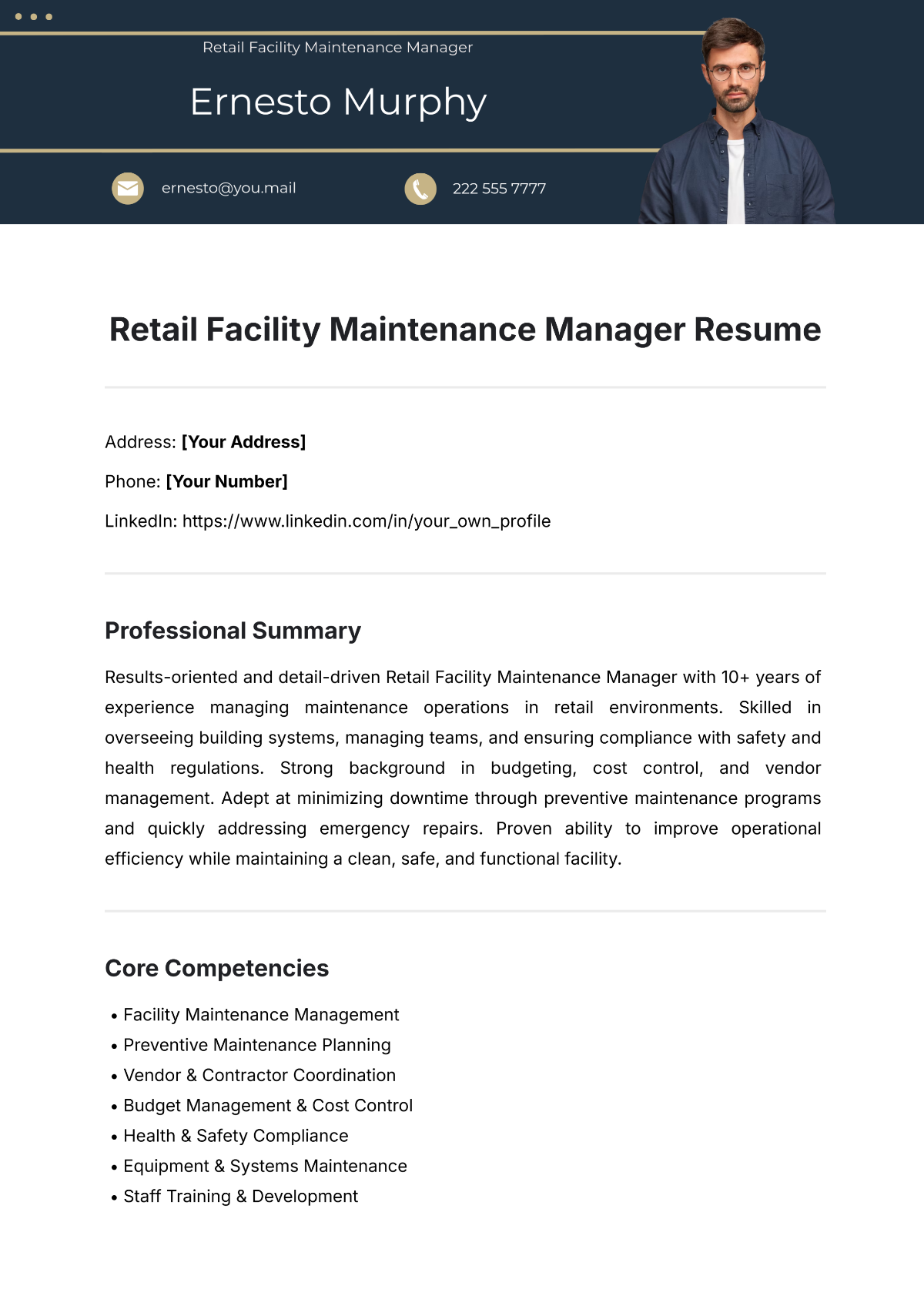 Retail Facility Maintenance Manager Resume Template - Edit Online & Download