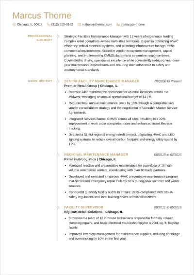 Free Retail Facility Maintenance Manager ATS Resume Template