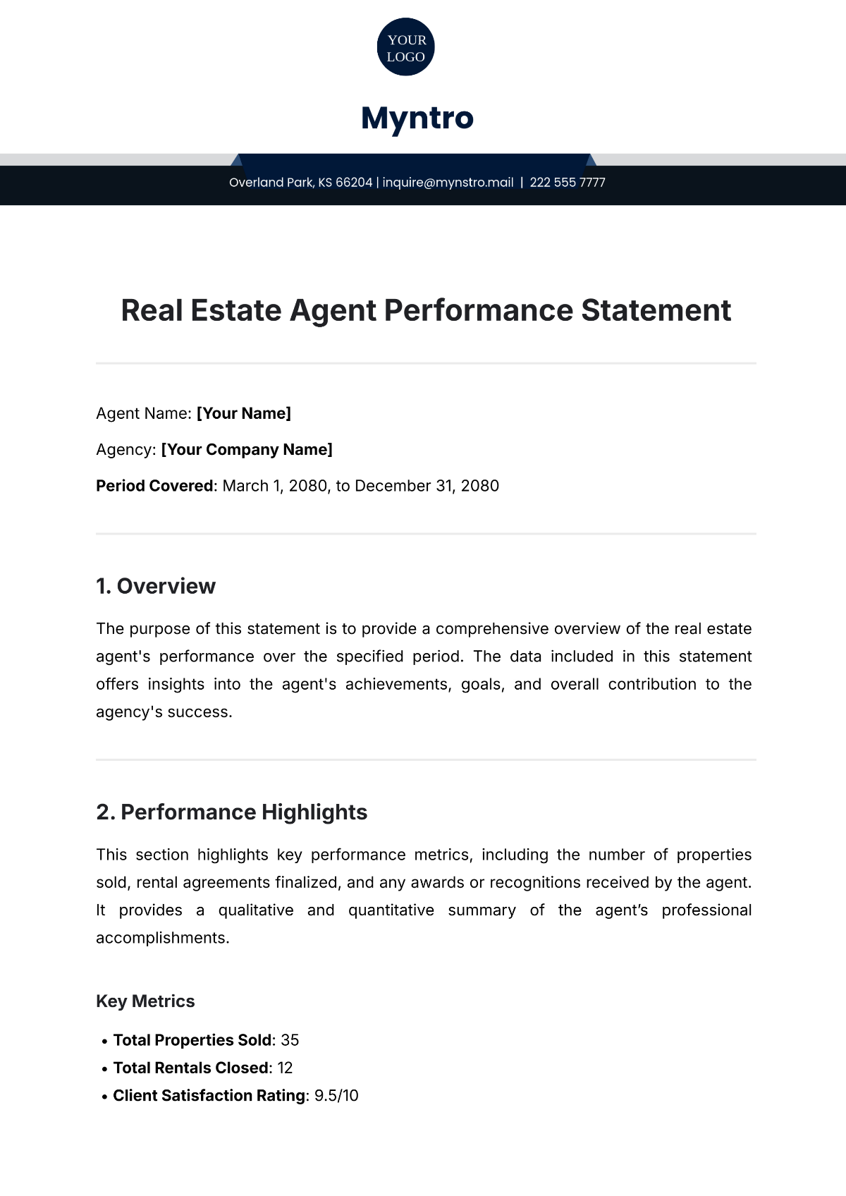 Real Estate Agent Performance Statement Template - Edit Online & Download