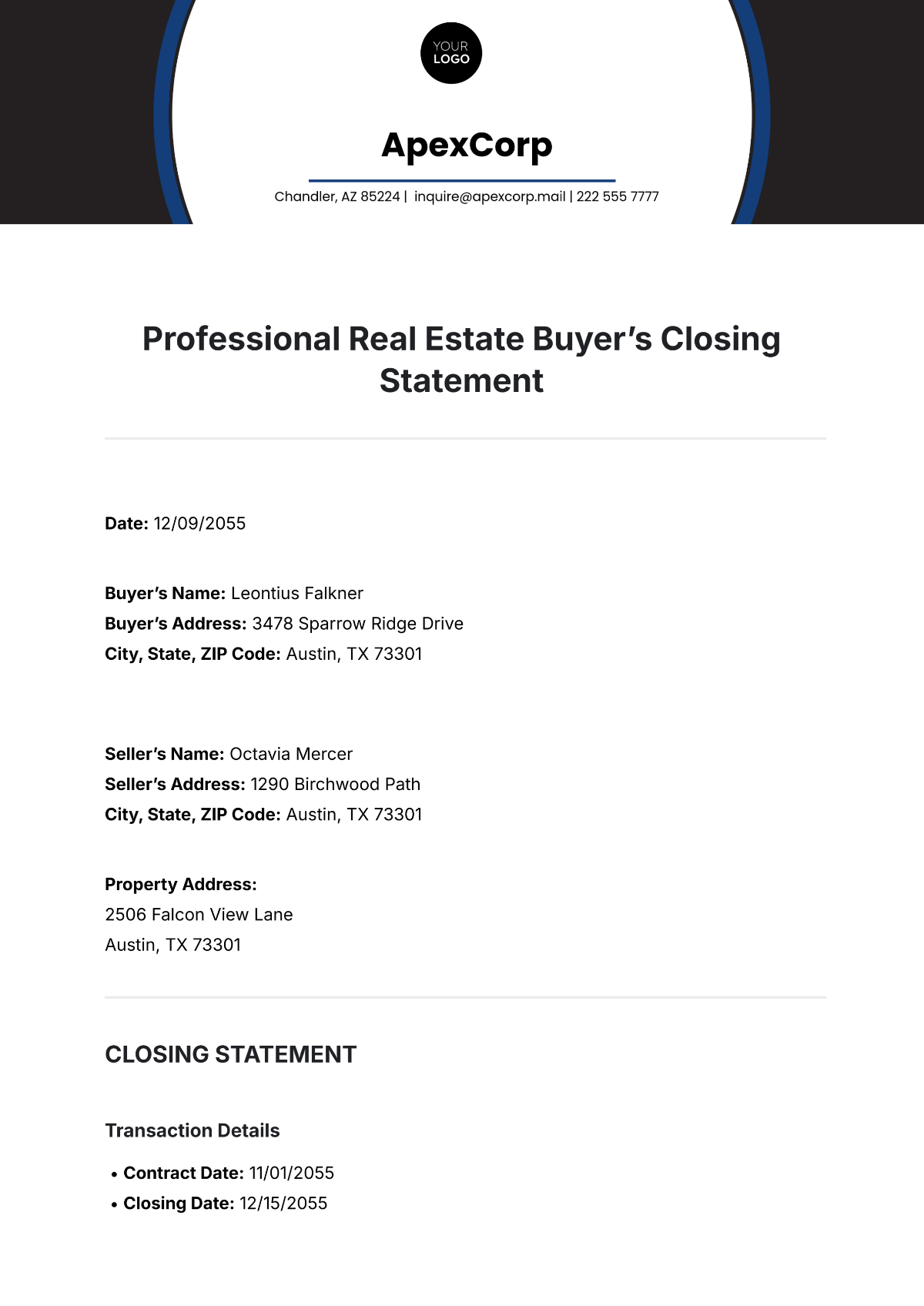 Professional Real Estate Buyer’s Closing Statement Template - Edit Online & Download