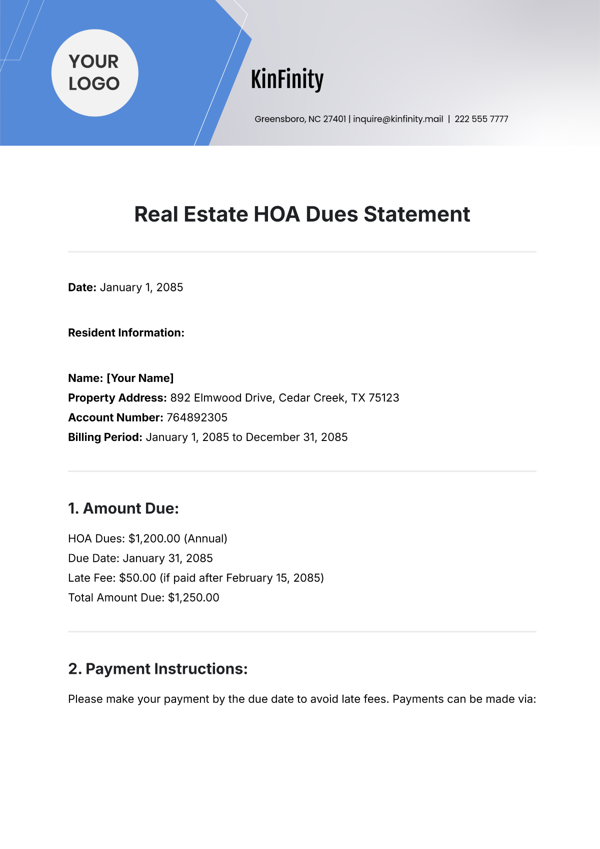 Real Estate HOA Dues Statement Template - Edit Online & Download