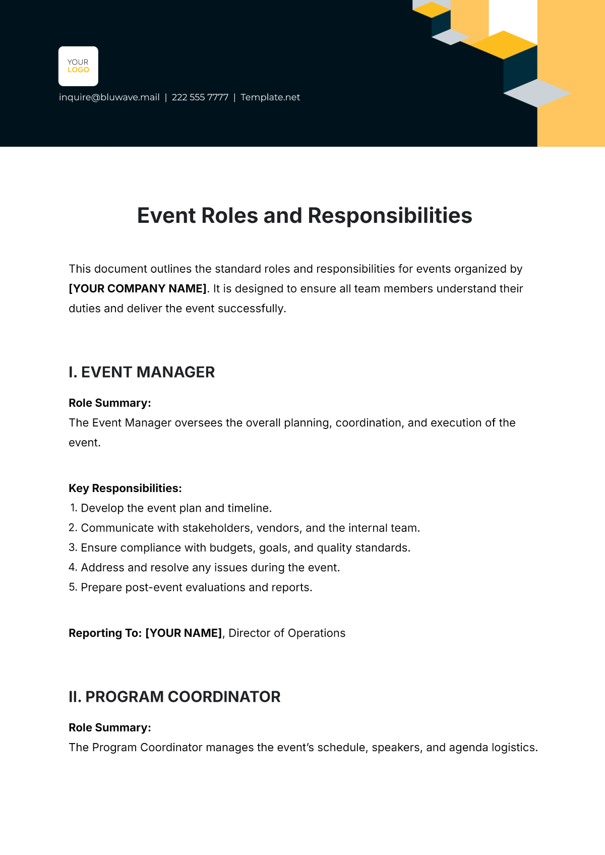 Event Roles and Responsibilities Template - Edit Online & Download