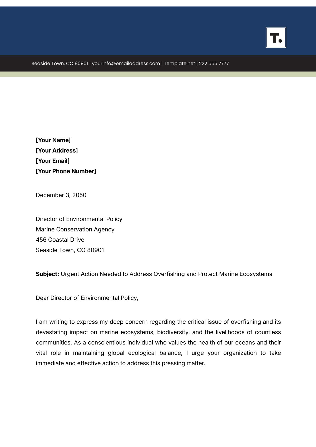 Overfishing Environment Complaint Letter Template - Edit Online & Download