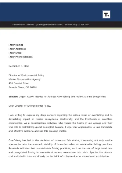 Free Overfishing Environment Complaint Letter Template to Edit Online