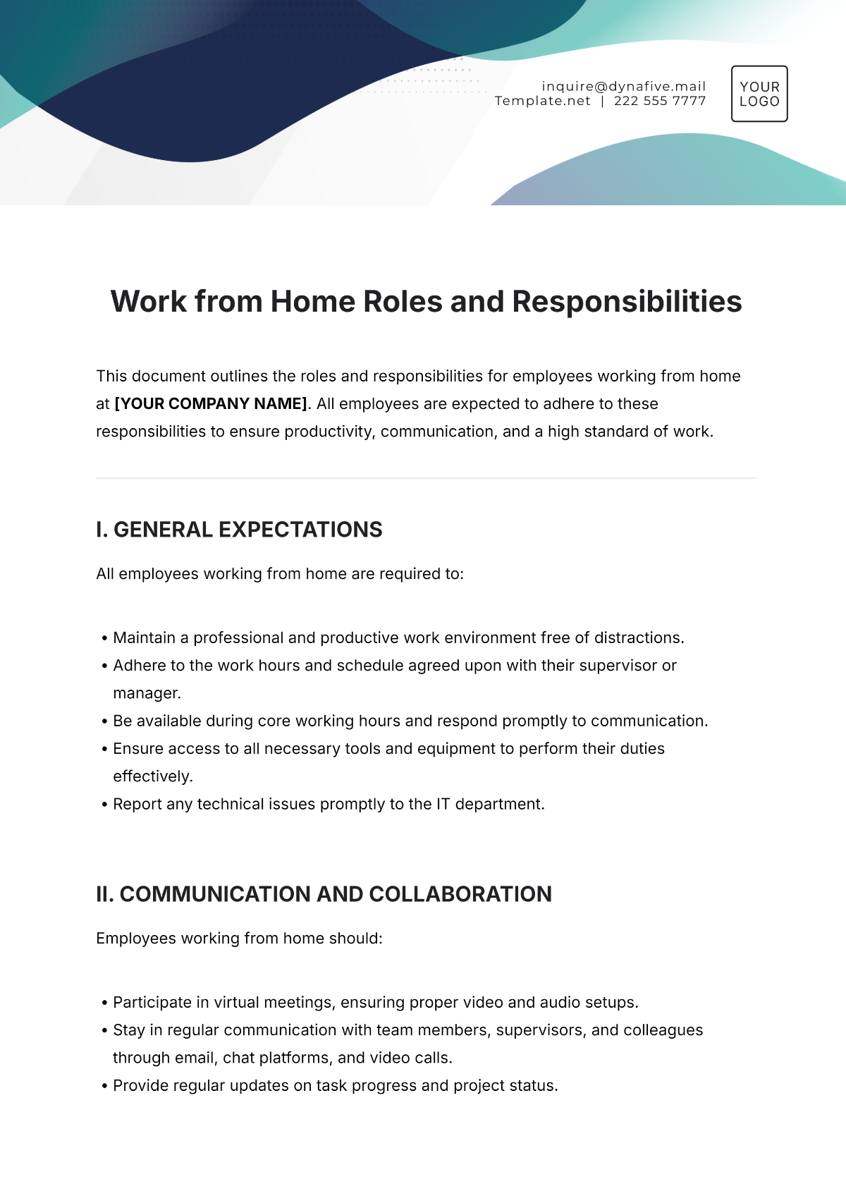 Work from Home Roles and Responsibilities Template - Edit Online & Download