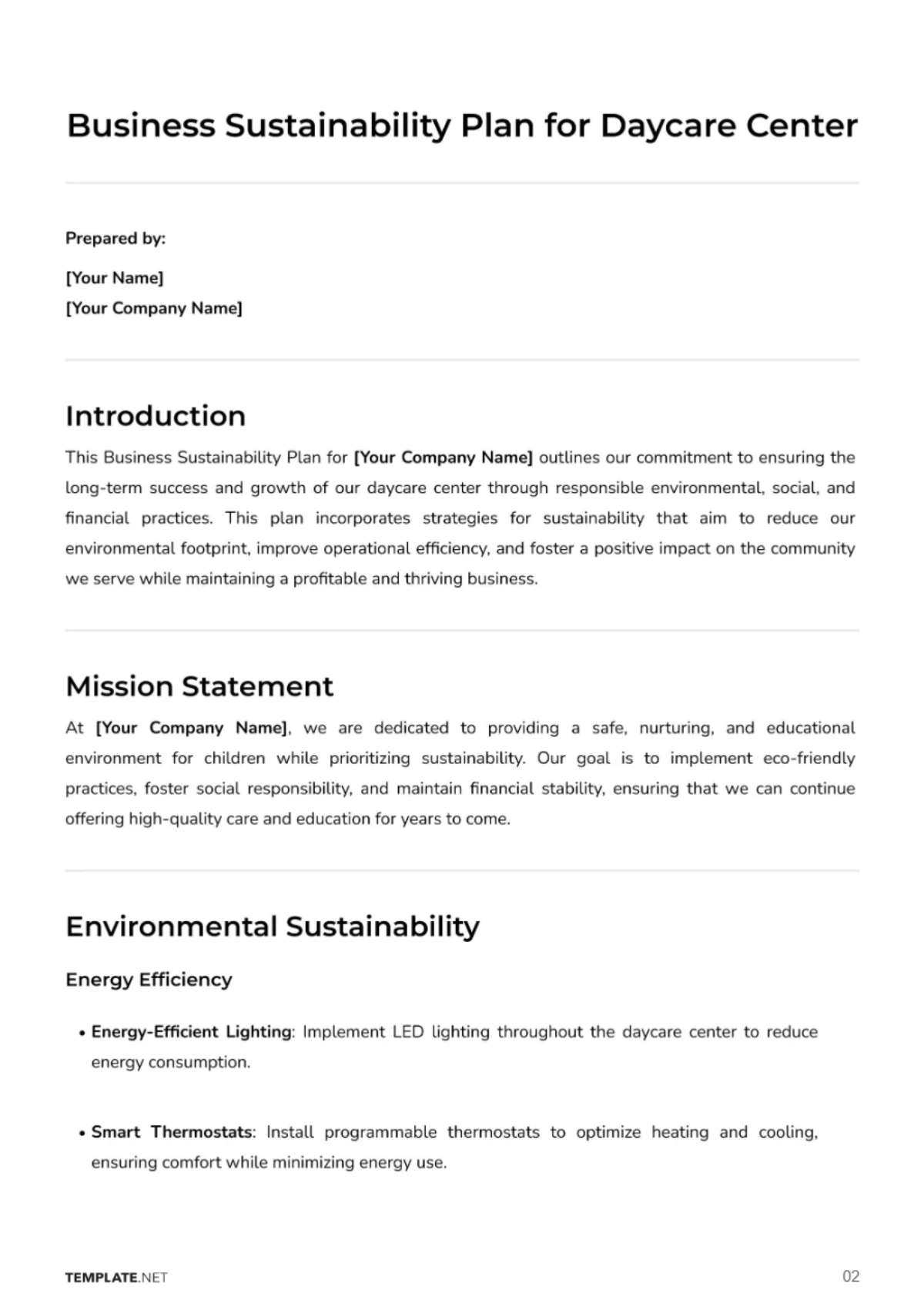 Free Business Sustainability Plan for Daycare Center Template to Edit Online