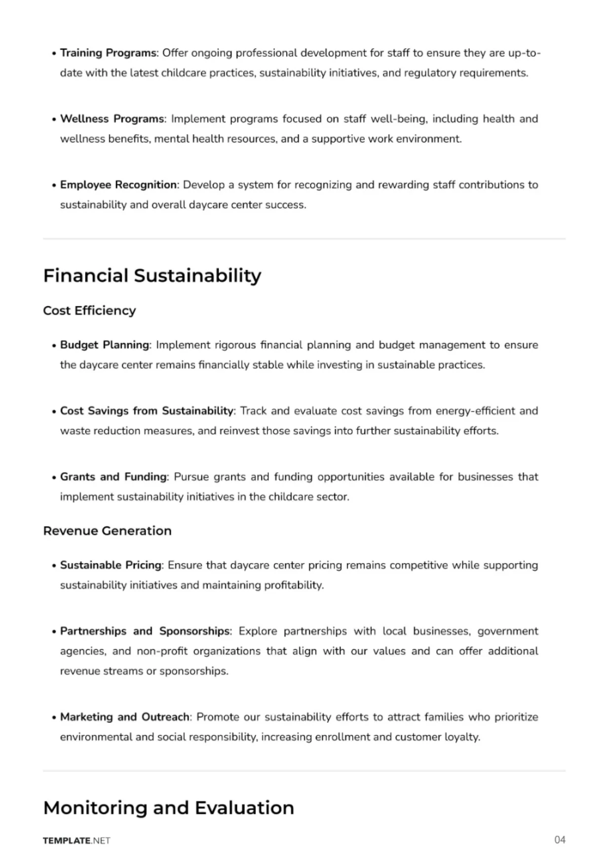 Free Business Sustainability Plan for Daycare Center Template to Edit Online