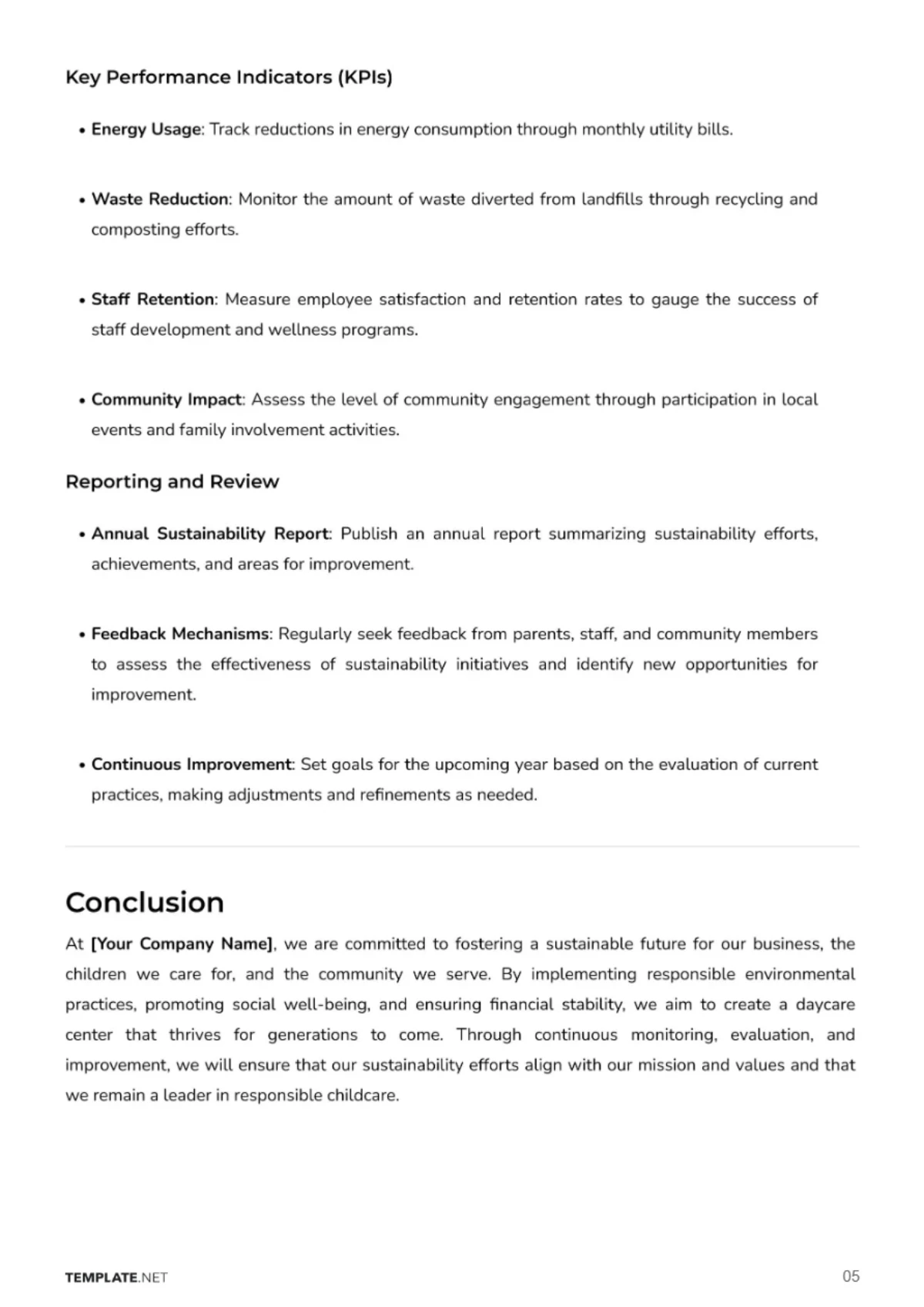 Free Business Sustainability Plan for Daycare Center Template to Edit Online