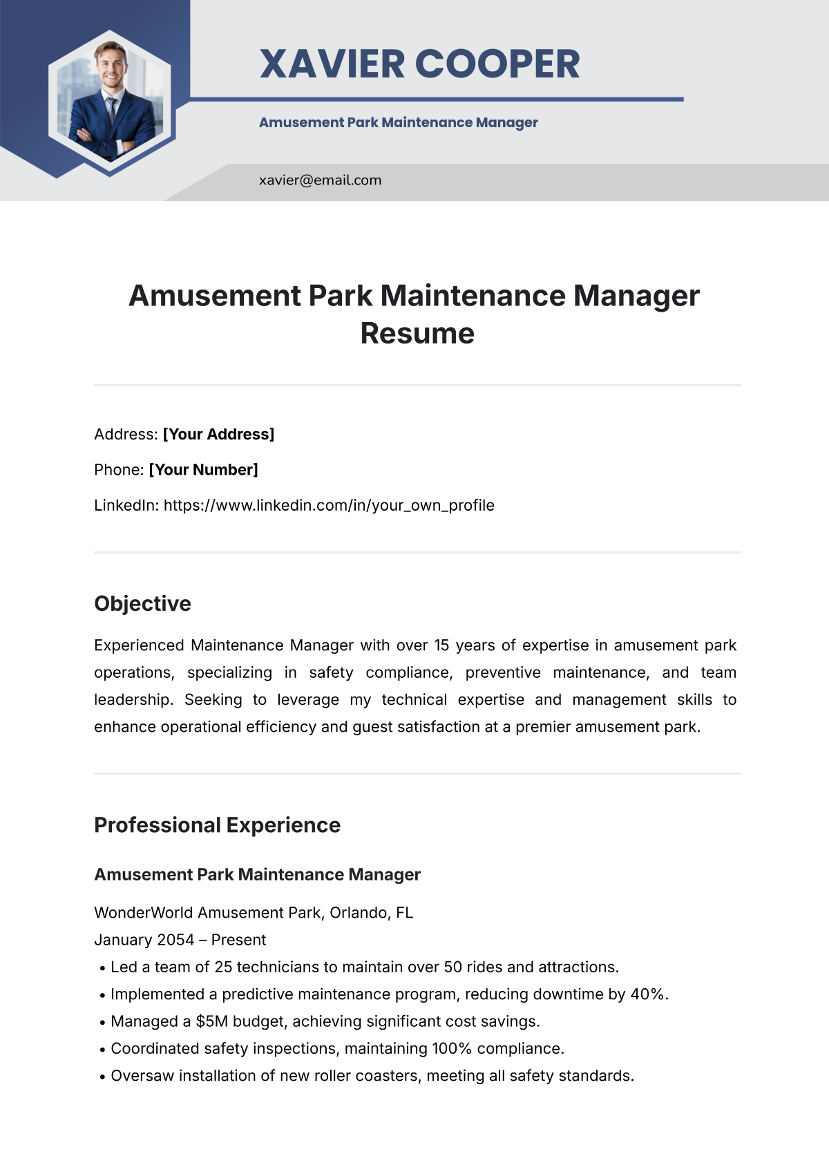 Amusement Park Maintenance Manager Resume Template - Edit Online & Download