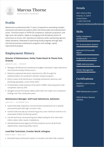 Free Amusement Park Maintenance Manager ATS Resume Template